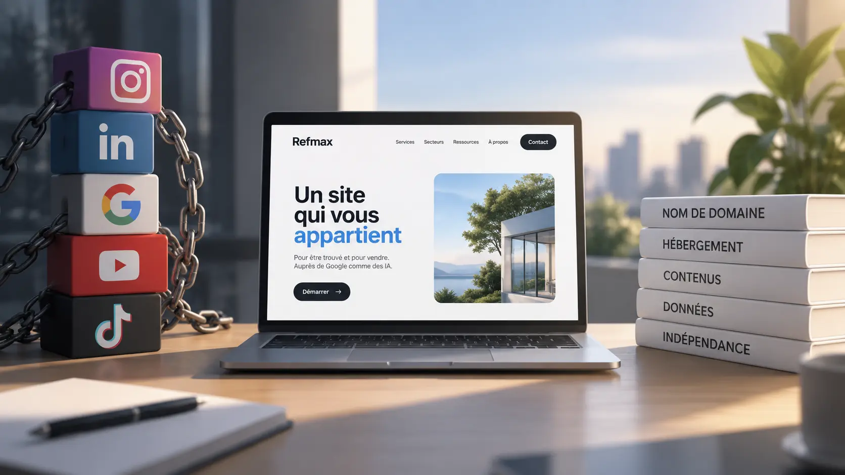 Illustration de la maîtrise de son propre site internet en 2026, avec un ordinateur affichant un site web et les éléments liés à sa propriété.
