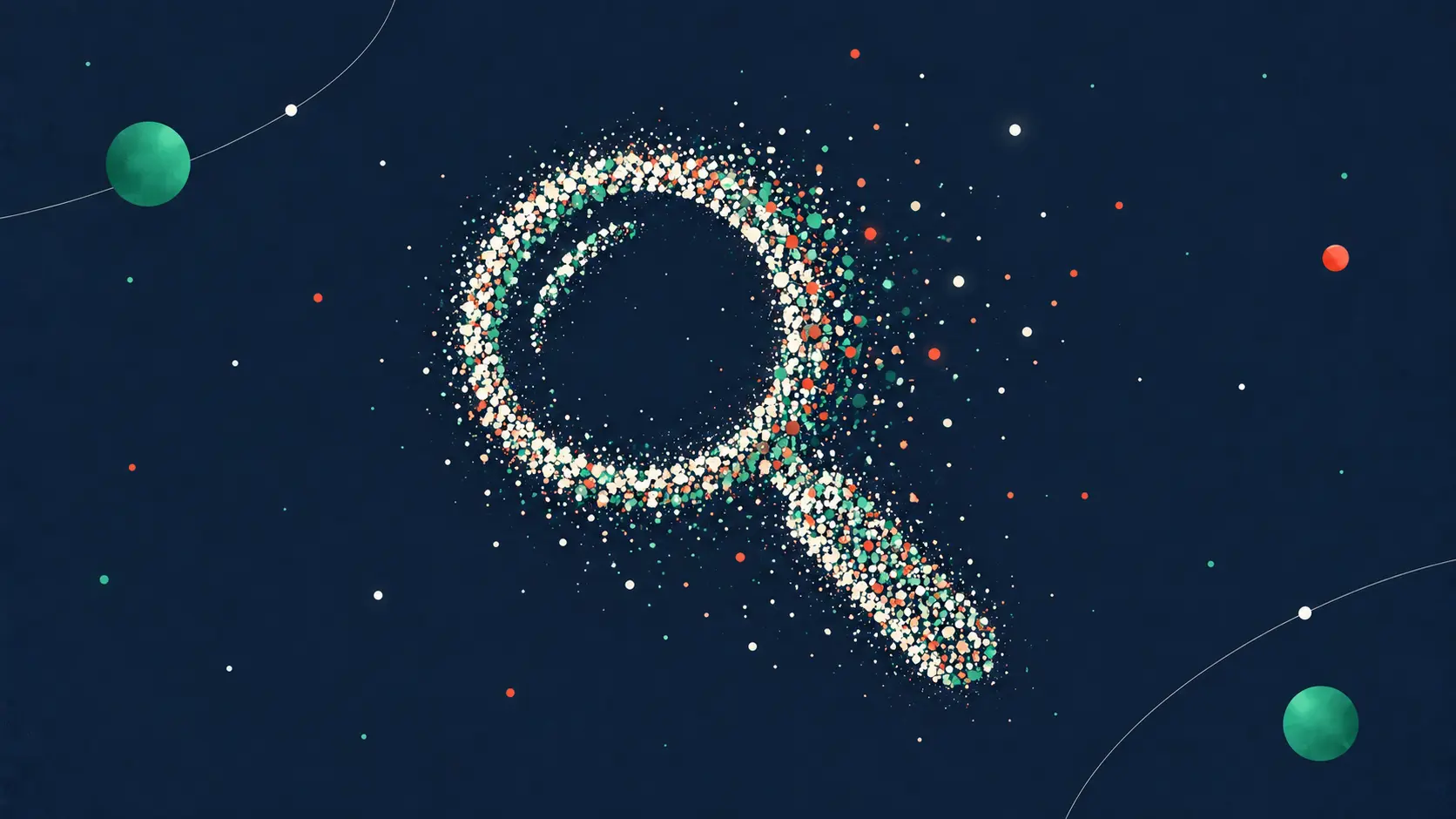 Nuage de millions de points de données formant une loupe, pour l'analyse de 250 millions de réponses IA