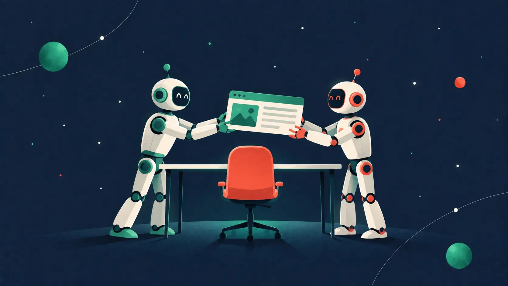 Deux robots s'échangent une page web dans un bureau vide : le web sans humains