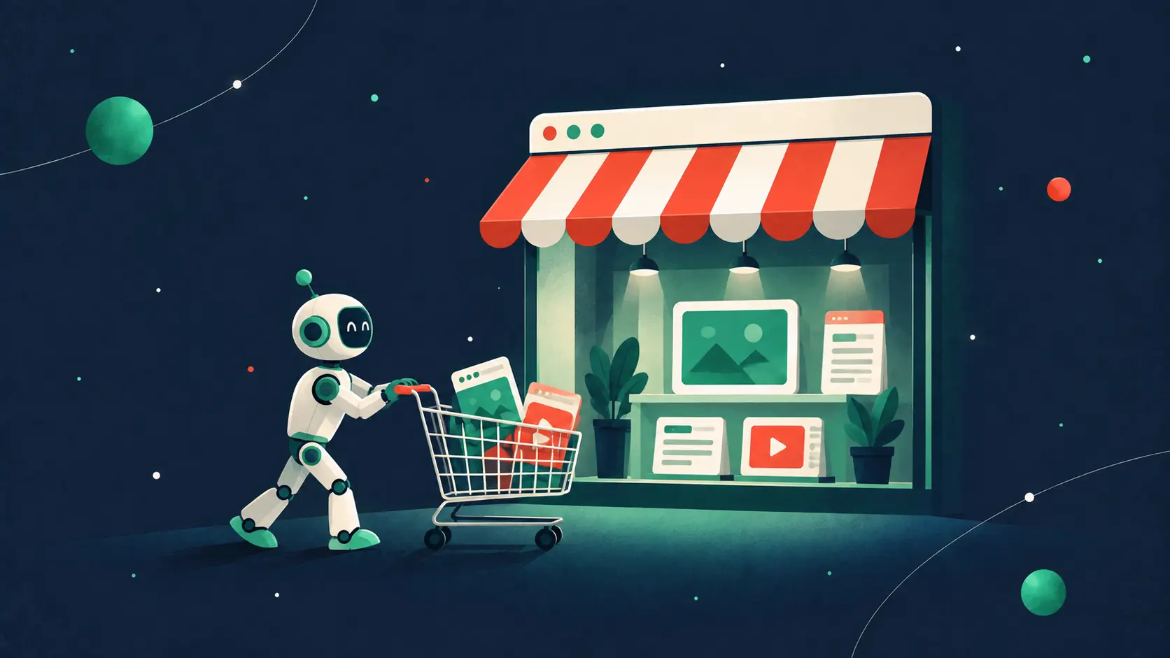 Agent IA poussant un caddie devant la vitrine d'un site e-commerce, à la place de l'acheteur humain